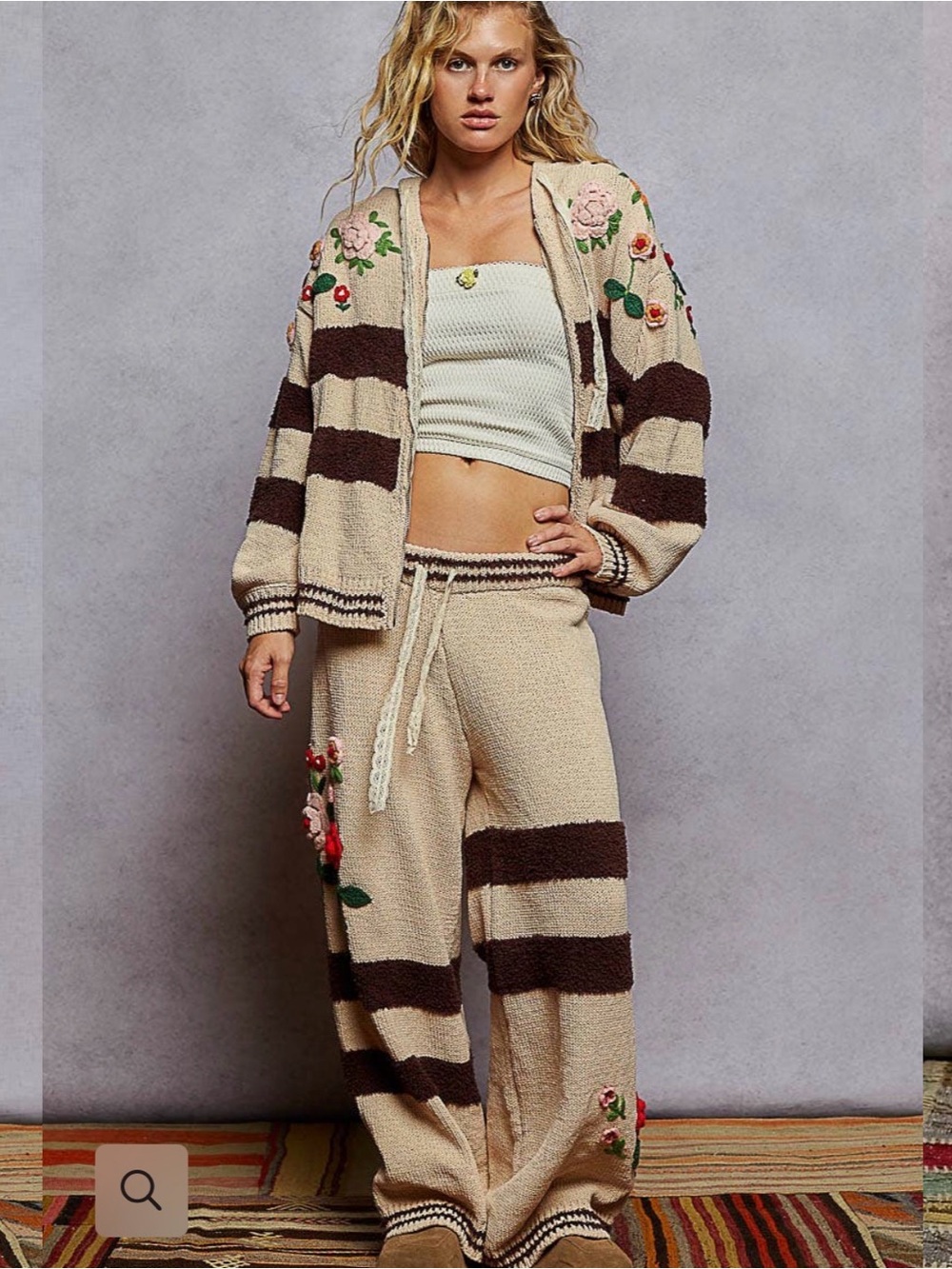 POL Chenille 3D Floral Hoodie Pants Set Mocha Multi Boho Embroidered